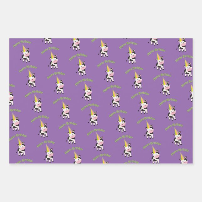 Happy Birthday Party Cow Wrapping Paper Sheet (Front)