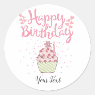 Happy Birthday Party Custom Pink Cupcake Classic Round Sticker