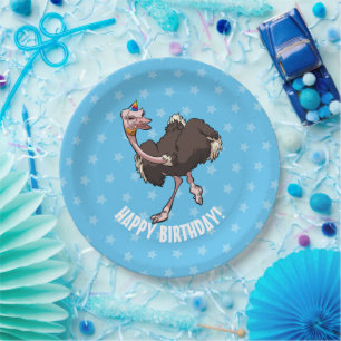 Happy Birthday Party Dancing Cartoon Ostrich Paper Plate
