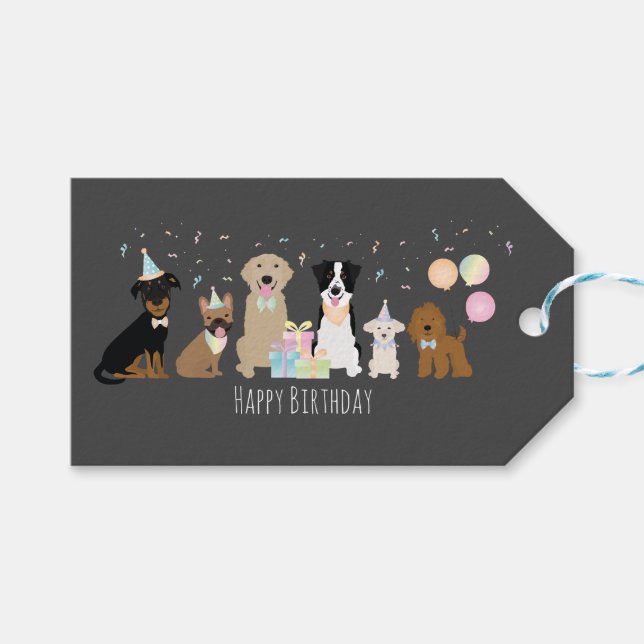 Happy Birthday Party Dogs Gift Tags (Front (Horizontal))