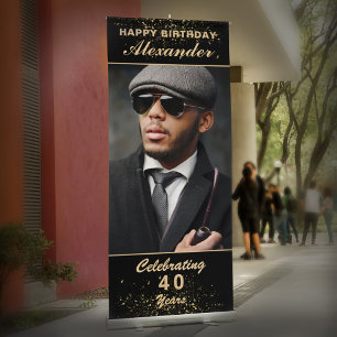 Happy Birthday Party Gold Black Custom Retractable Banner