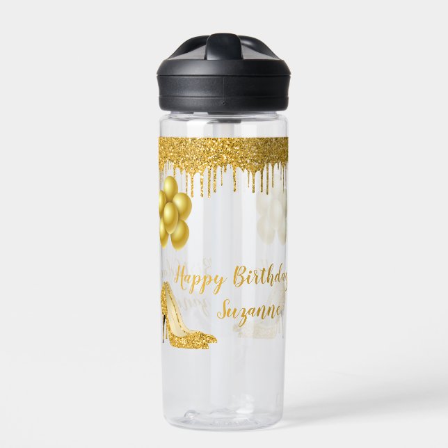  Happy Birthday Party Gold Glitter look  Water Bottle (Front)