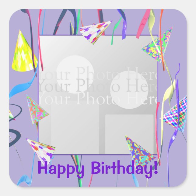 Happy Birthday Party Hats (photo frame) Square Sticker (Front)