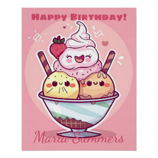 Happy Birthday Party Ice-cream Kawaii Cartoon  Poster