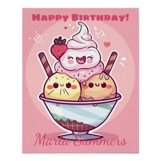 Happy Birthday Party Ice-cream Kawaii Cartoon  Poster (Front)