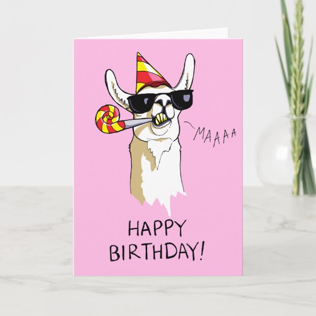 Happy Birthday Party Llama Card with Sunglasses (Front)