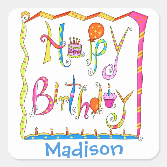 Happy Birthday Party Name Personalised White Square Sticker (Front)