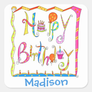 Happy Birthday Party Name Personalised White Square Sticker