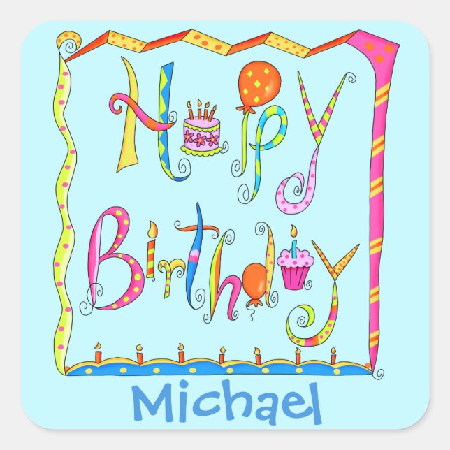 Happy Birthday Party Name Personalised Yellow Square Sticker (Front)