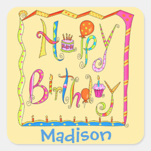 Happy Birthday Party Name Personalised Yellow Square Sticker