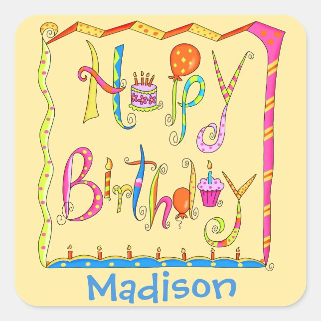 Happy Birthday Party Name Personalised Yellow Square Sticker (Front)