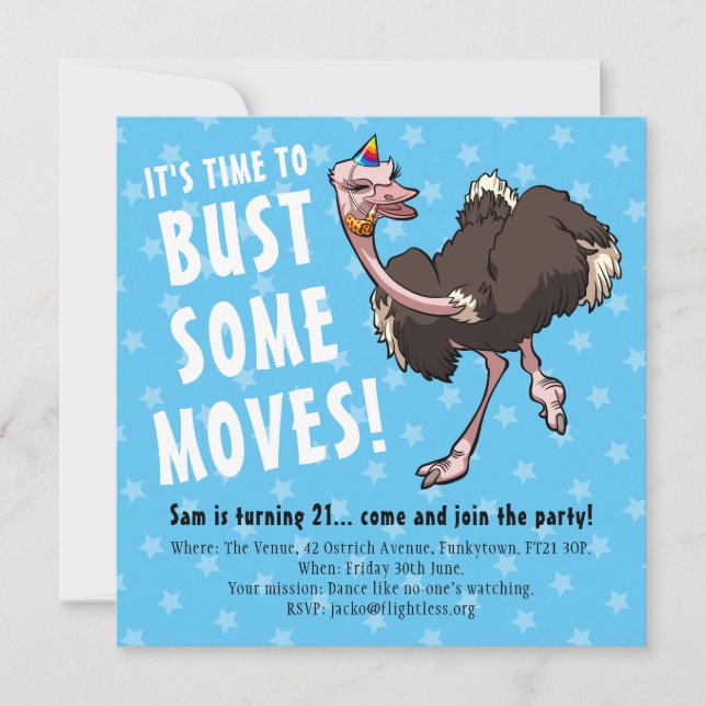 Happy Birthday Party Ostrich Dancing Cartoon Invitation (Front)