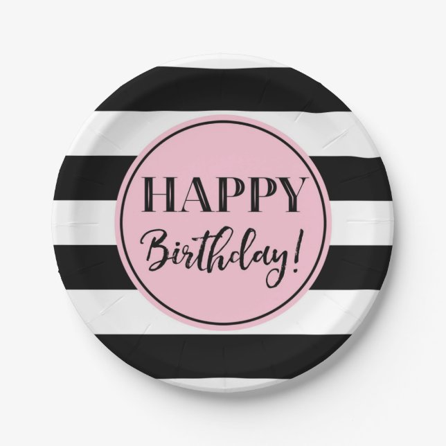 Happy Birthday Party Pink Black White Stripes  Paper Plate (Front)
