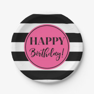 Happy Birthday Party Pink Black White Stripes Paper Plate