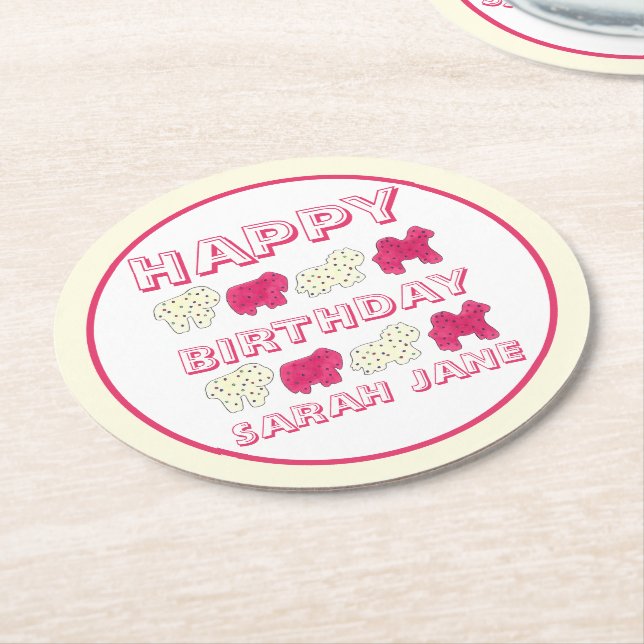 Happy Birthday Party Pink Circus Animal Crackers Round Paper Coaster (Angled)