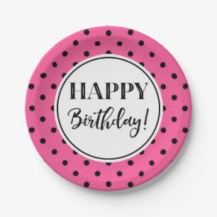 Happy Birthday Party Pink White Black Dots Paper Plate