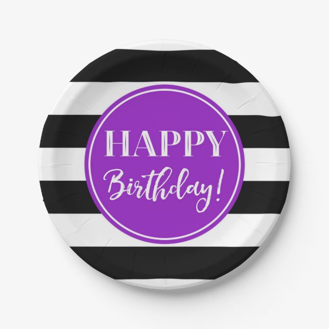 Happy Birthday Party Purple Black White Stripes Paper Plate (Front)