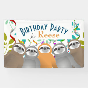 Happy Birthday Party Sloths with Twirled Streamers Banner