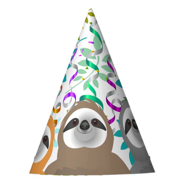 Happy Birthday Party Sloths with Twirled Streamers Party Hat (Front)