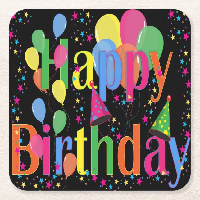 Happy Birthday Party Square Paper Coaster (Front)