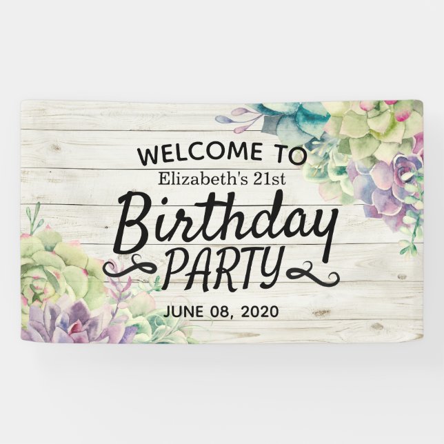 Happy Birthday Party Succulent Rustic Wood Welcome Banner (Horizontal)