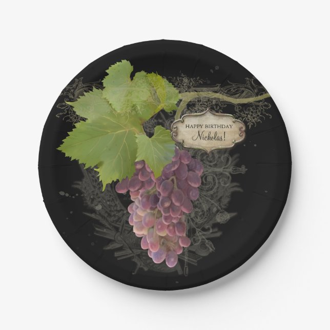 Happy Birthday Party Wine Grapes Vineyard Theme Paper Plate (Front)