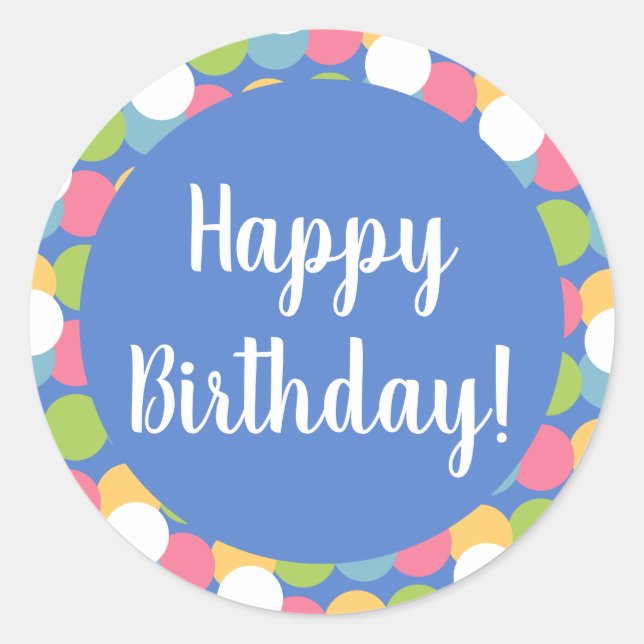 Happy Birthday Pastel Blue Colourful Polka Dot Classic Round Sticker (Front)