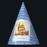 Happy Birthday Pattern Blue Party Kids Photo Cute Party Hat<br><div class="desc">Happy Birthday Pattern Blue Party Kids Photo Personalised Birthday Party Paper Hats. Pattern of white script "Happy Birthday" repeated in on a light blue background. Customise to change background to another colour. Fun photo frame design appears to be taped to hat. Name of child written on white underneath photo. Replace...</div>