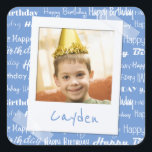 Happy Birthday Pattern Blue Party Kids Photo Square Sticker<br><div class="desc">Happy Birthday Pattern Blue Party Kids Photo Personalised Birthday Party Stickers. Fun for goody bags or invitations. Pattern of white script "Happy Birthday" repeated in on a light blue background. Customise to change background to another colour. Fun photo frame design appears to taped to sticker. Name of child written on...</div>