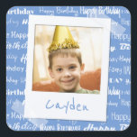 Happy Birthday Pattern Blue Party Kids Photo Square Sticker<br><div class="desc">Happy Birthday Pattern Blue Party Kids Photo Personalised Birthday Party Stickers. Fun for goody bags or invitations. Pattern of white script "Happy Birthday" repeated in on a light blue background. Customise to change background to another colour. Fun photo frame design appears to taped to sticker. Name of child written on...</div>