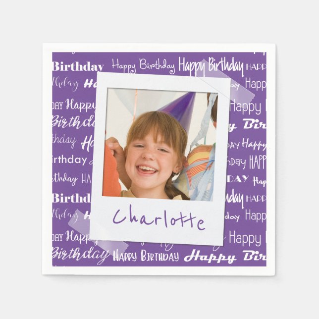 Happy Birthday Pattern Purple Party Kids Photo Napkin (Front)