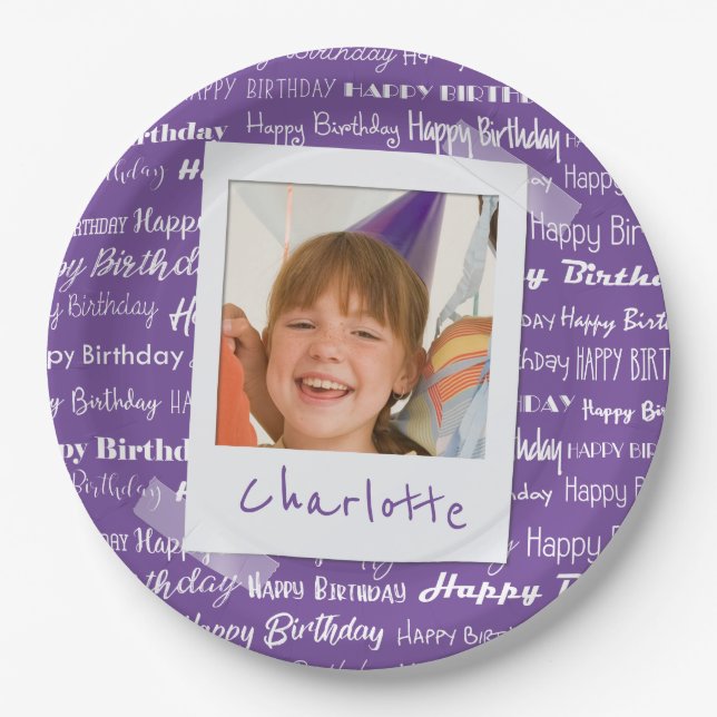 Happy Birthday Pattern Purple Party Kids Photo Paper Plate (Front)