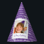 Happy Birthday Pattern Purple Party Kids Photo Party Hat<br><div class="desc">Happy Birthday Pattern Purple Party Kids Photo Personalised Birthday Party Paper Hats. Pattern of white script "Happy Birthday" repeated in on a pretty purple background. Customise to change background to another colour. Fun photo frame design appears to be taped to hat. Name of child written on white underneath photo. Replace...</div>