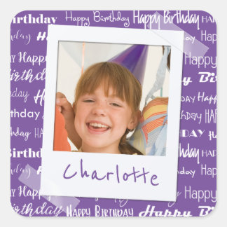 Happy Birthday Pattern Purple Party Kids Photo Square Sticker