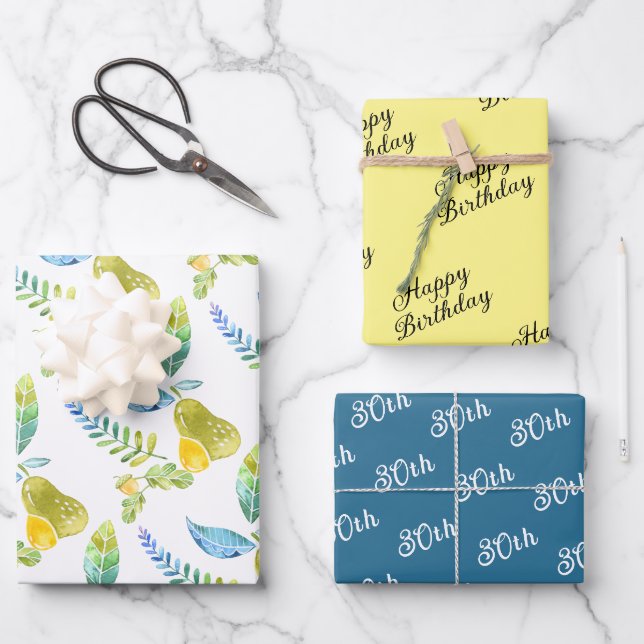 Happy Birthday Pears & Lemons Art Coordinated  Wrapping Paper Sheet (Front)