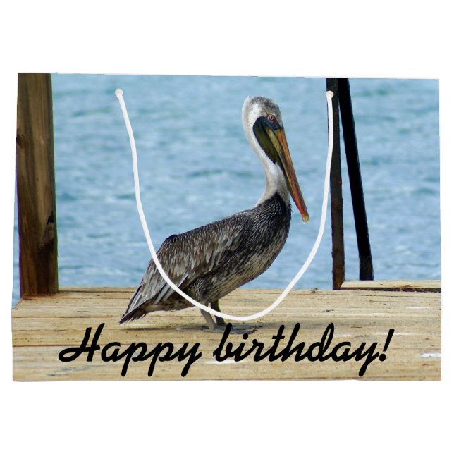 Happy Birthday! Pelican on the pier photo, Curacao Large Gift Bag (Back)