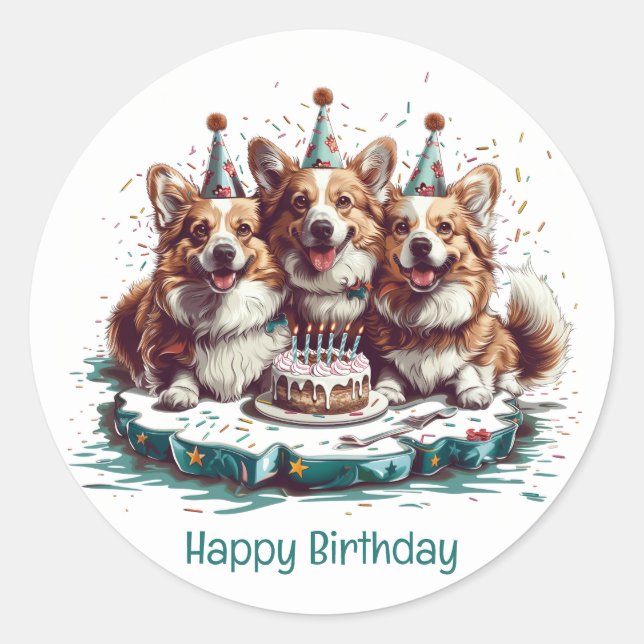 Happy Birthday Pembroke Welsh Corgi Dogs Classic Round Sticker (Front)