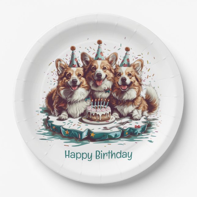 Happy Birthday Pembroke Welsh Corgi Dogs Paper Plate (Front)