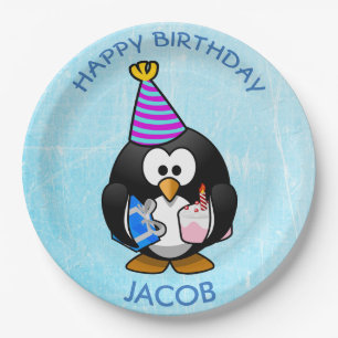 Happy Birthday Penguin Blue Paper Plates