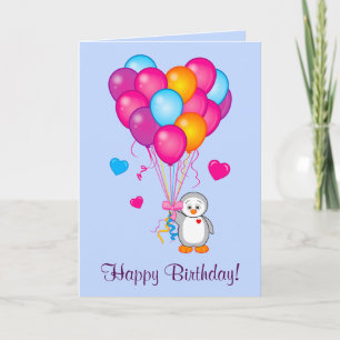 Happy Birthday: Penguin with Heart-Shaped Balloons Card