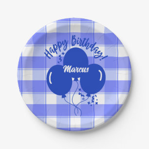 Happy Birthday Personalised Blue Balloons Checked Paper Plate