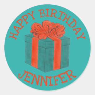 Happy Birthday Personalised Blue Red Gift Box Bow Classic Round Sticker