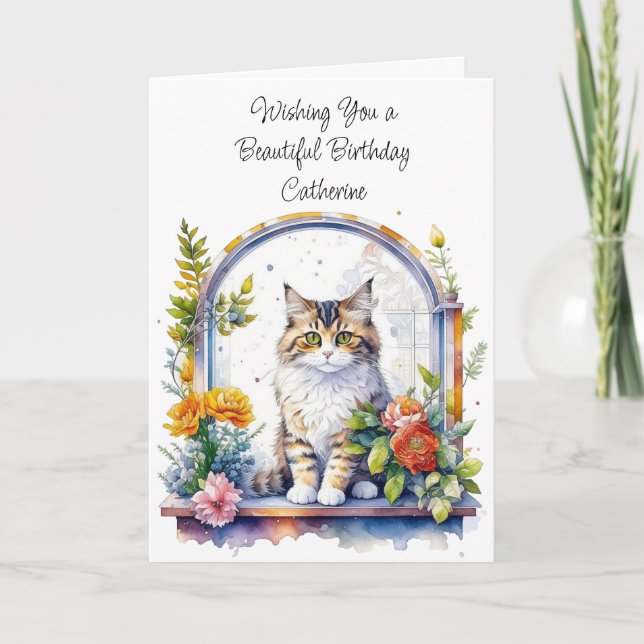 Happy Birthday Personalised Cute Cat Card (Front)