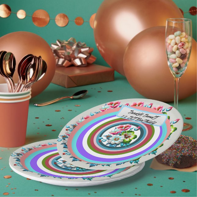 Happy Birthday Personalised Flower Plate, Custom   Paper Plate (Multi)
