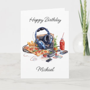 Happy Birthday Personalised Gaming and Pizza   Card