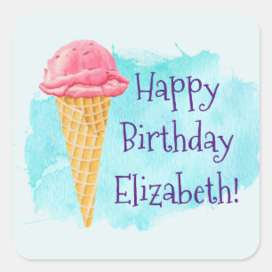 happy Birthday Personalised Ice Cream Cone Square Sticker