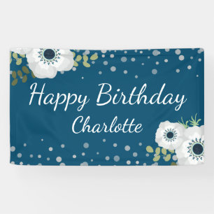 Happy Birthday Personalised Name Floral Blue Banner