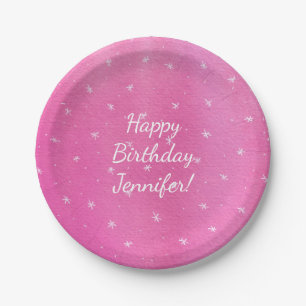 Happy Birthday Personalised Pink White Stars Plate
