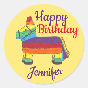 Happy Birthday Personalised Rainbow Donkey Pinata Classic Round Sticker