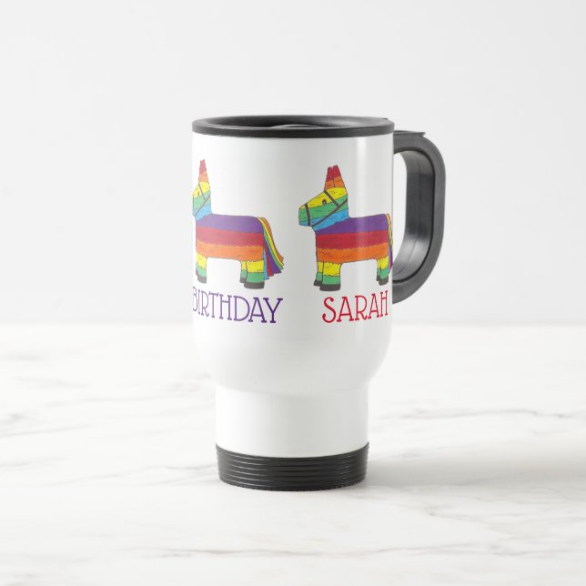 Happy Birthday Personalised Rainbow Donkey Piñata Travel Mug (Front Right)